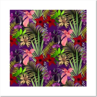 Elegant tropical flowers and leaves pattern purple illustration, pink tropical pattern over a Posters and Art